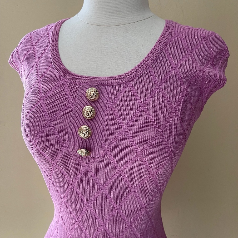 VINTAGE Chic Pink Knit dress with Gold Buttons XS